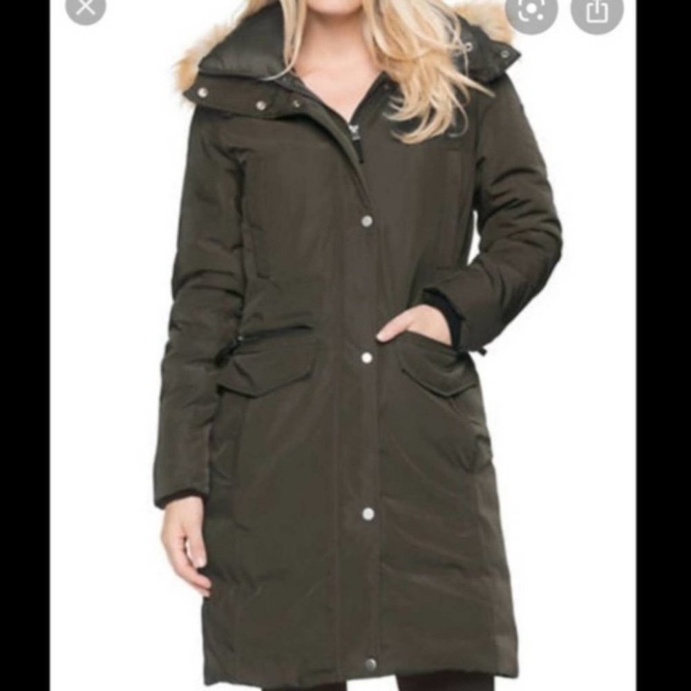 Andrew Marc Military Green Warby Parka Jacket Faux Fur Hood Medium